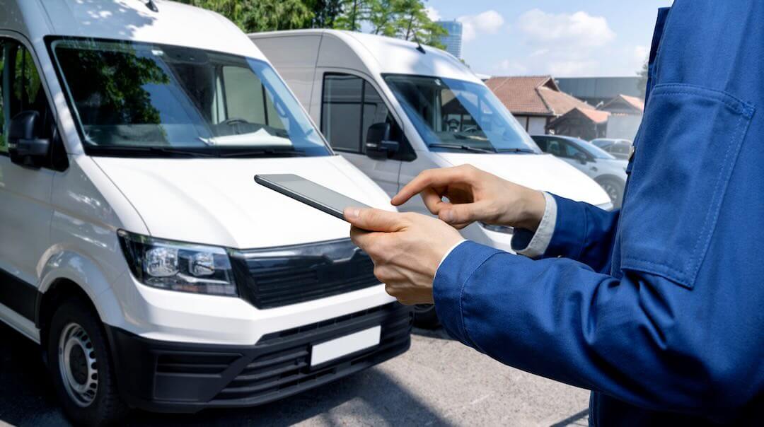 Home service business owner in uniform reviewing operations on a tablet in front of a fleet of work vans