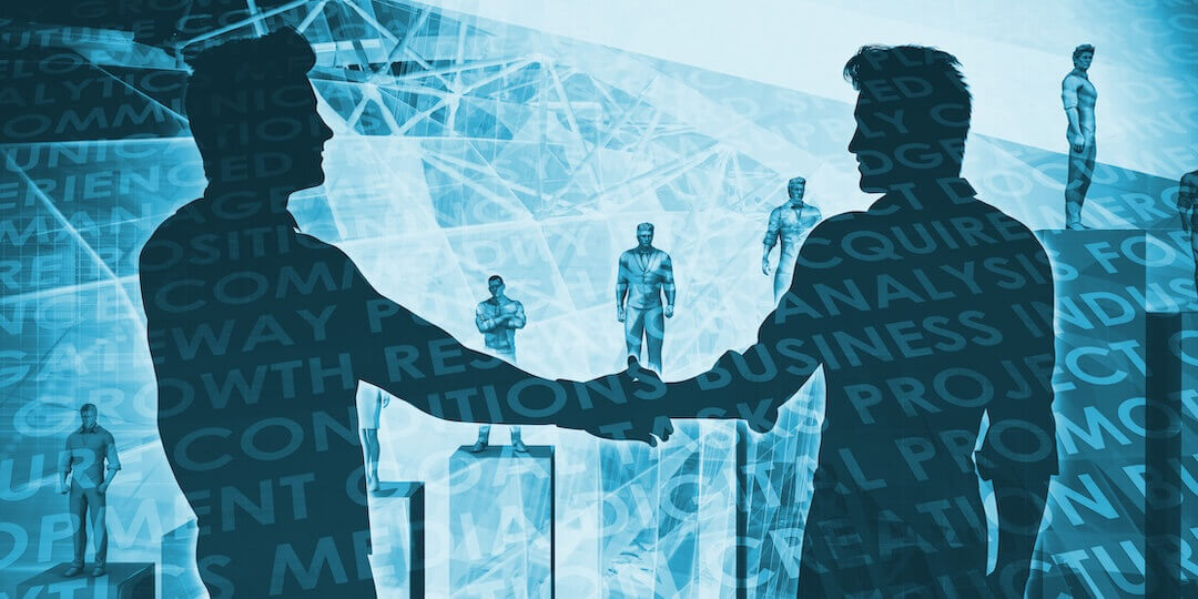 Two figures of men handshake over background image