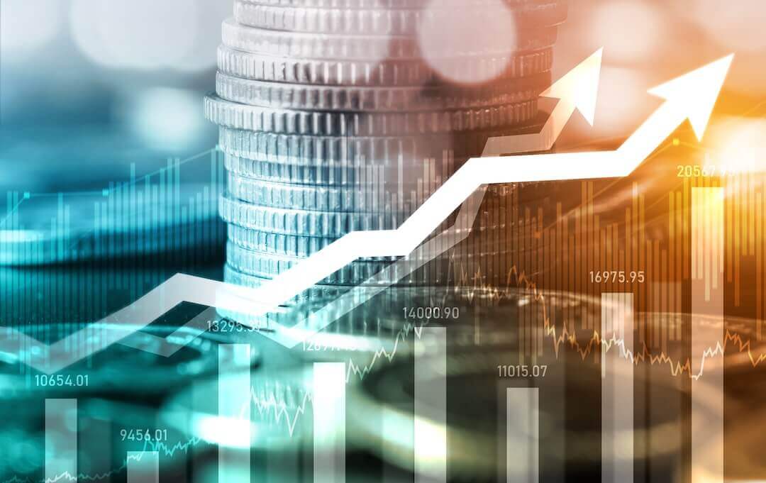 Finance and money technology background concept of business prosperity and asset management . Creative graphic show economy and financial growth by investment in valuable asset to gain wealth profit .