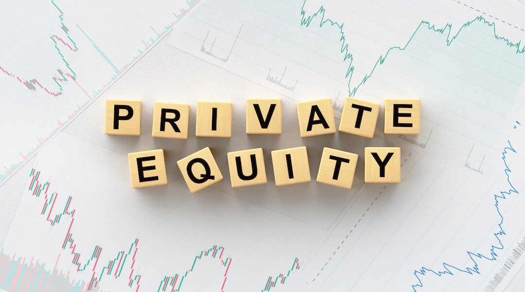 Private equity concept with wooden letter blocks spelling "Private Equity" over financial charts and business valuation graphs